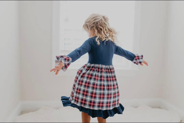 Navy Plaid Santa Ruffle Dress