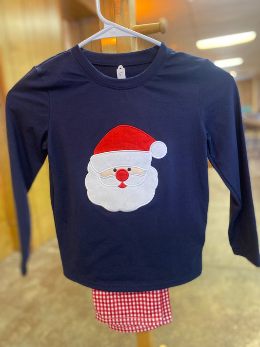 Navy Santa Claus Applique Boy Plaid Set