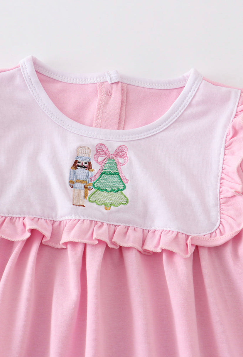 Nutcracker Tree Embroidered Pink Ruffle Dress ￼