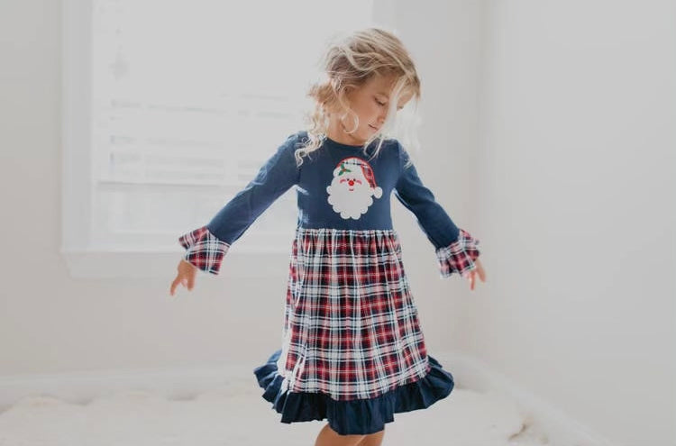 Navy Plaid Santa Ruffle Dress