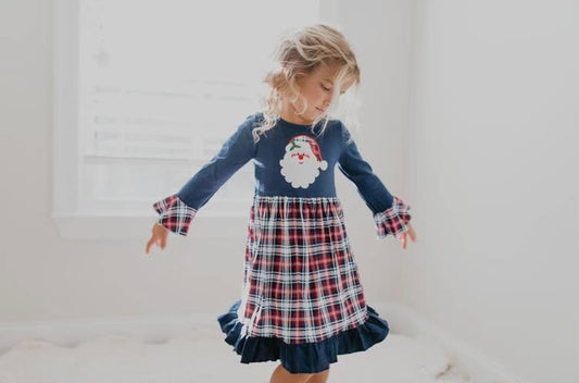 Navy Plaid Santa Ruffle Dress