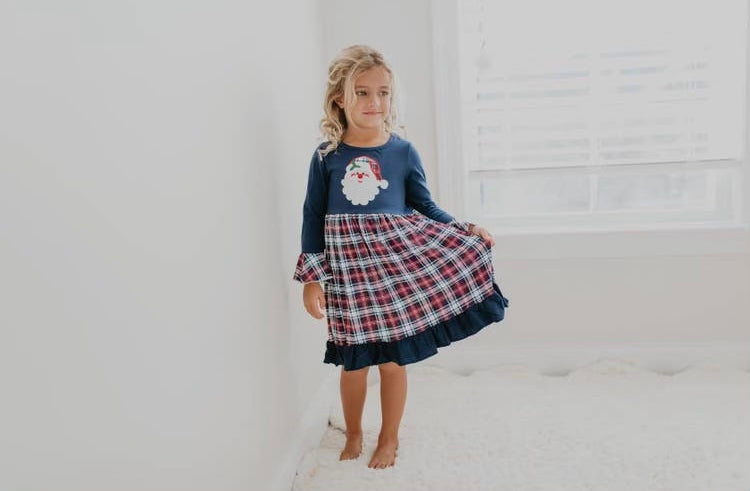Navy Plaid Santa Ruffle Dress