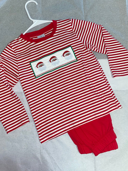 Red Striped Smocked Santa Set