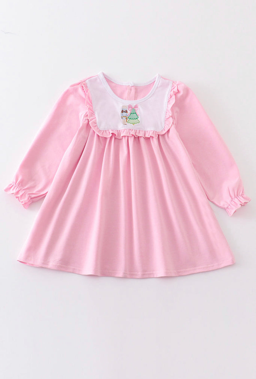 Nutcracker Tree Embroidered Pink Ruffle Dress ￼