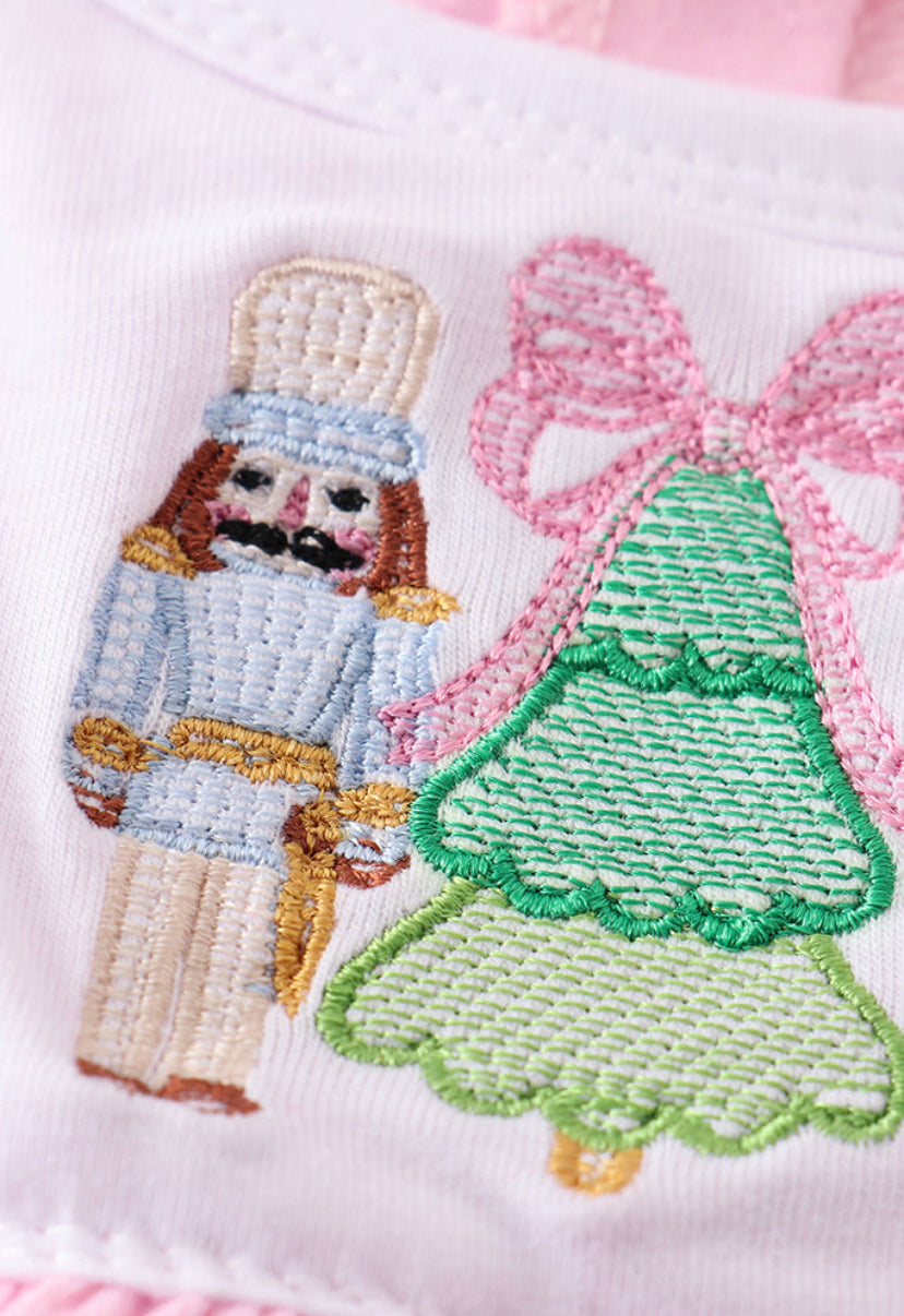 Nutcracker Tree Embroidered Pink Ruffle Dress ￼