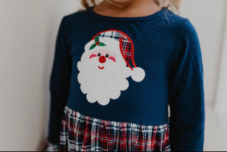 Navy Plaid Santa Ruffle Dress