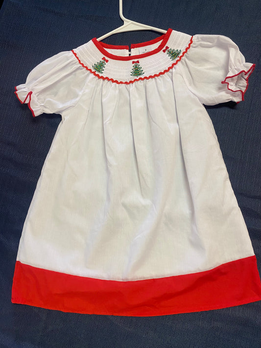White Christmas Tree Bubble Sleeve Smocked Dress