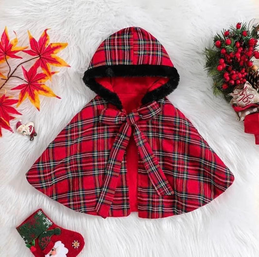 Plaid Holiday Poncho w/ Fur Trim Hood