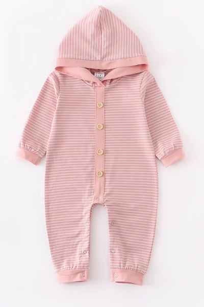 Pink Stripe Button Down Baby Hoodie Romper