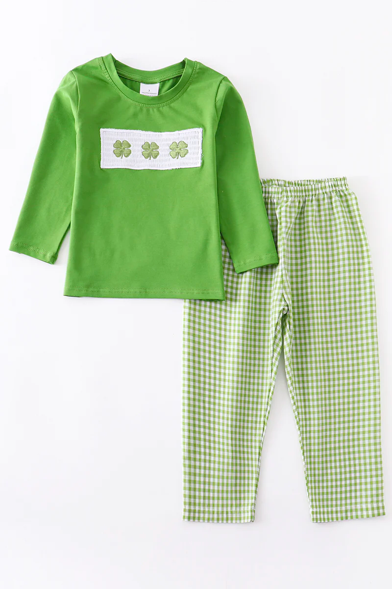 Green Shamrock Smocked Set