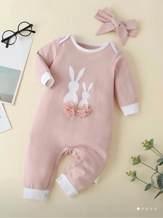 Pink Bunny Tails Romper w/ Matching Headband